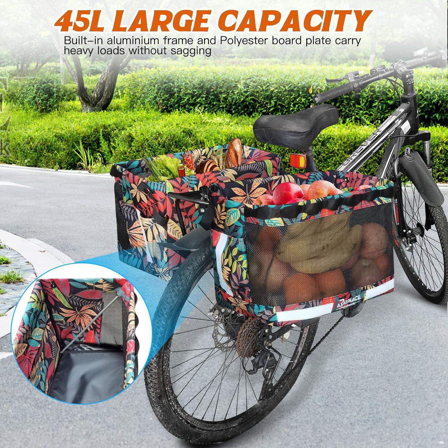 RAYMACE 2Pack Bike Grocery Panniers for Bicycles and Ebikes,Bike Rack Bags with Reflective Spots and Side Pockets,Folding Bike Basket Fits for Most Rear Racks (Black)(Leaf)