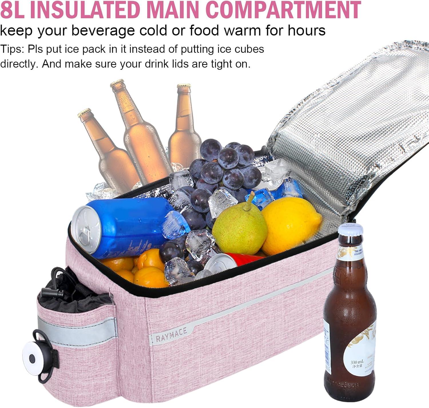 RAYMACE Bike Rear Rack Bag with Tail Light, Bike Truck Cooler Bag for Warm or Cold Items(Pink)