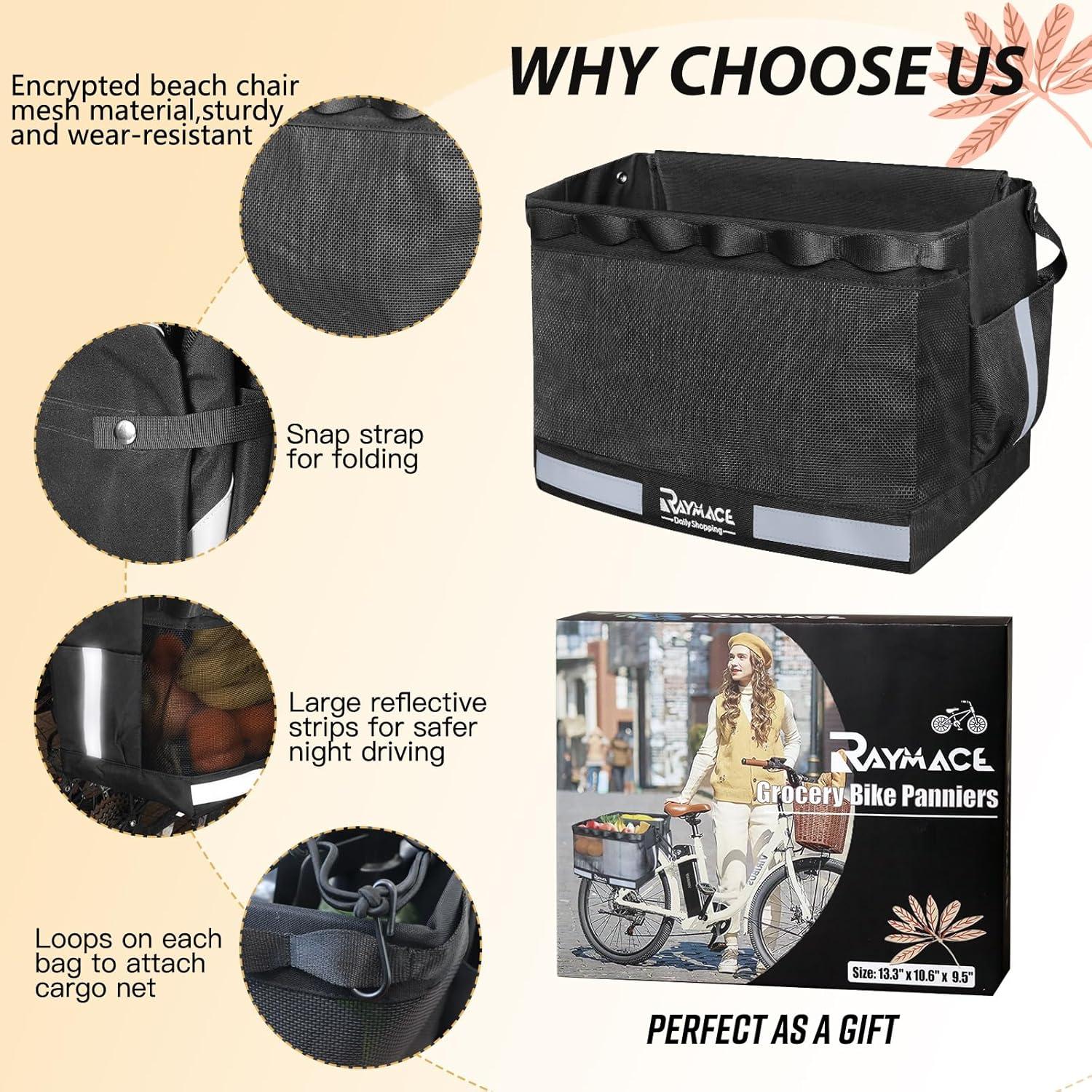 RAYMACE 2Pack Bike Grocery Panniers for Bicycles and Ebikes,Bike Rack Bags with Reflective Spots and Side Pockets,Folding Bike Basket Fits for Most Rear Racks (Black)(Black)