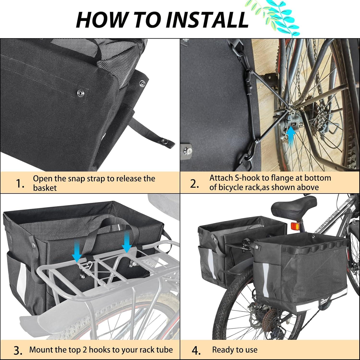 RAYMACE 2Pack Bike Grocery Panniers for Bicycles and Ebikes,Bike Rack Bags with Reflective Spots and Side Pockets,Folding Bike Basket Fits for Most Rear Racks (Black)(Black)