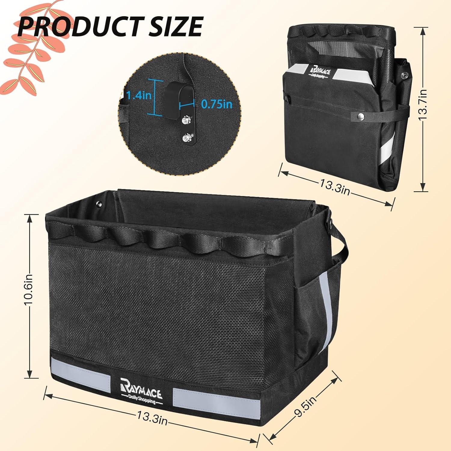 RAYMACE 2Pack Bike Grocery Panniers for Bicycles and Ebikes,Bike Rack Bags with Reflective Spots and Side Pockets,Folding Bike Basket Fits for Most Rear Racks (Leaf)(Black)