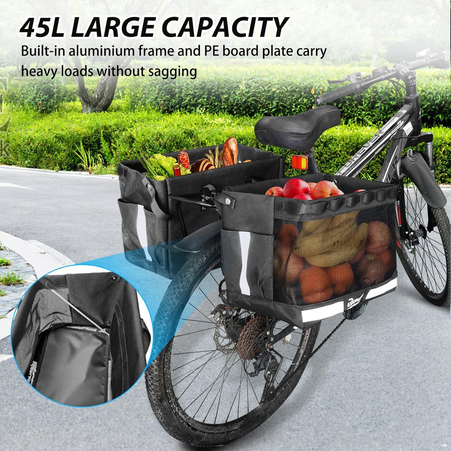 RAYMACE 2Pack Bike Grocery Panniers for Bicycles and Ebikes,Bike Rack Bags with Reflective Spots and Side Pockets,Folding Bike Basket Fits for Most Rear Racks (Leaf)(Black)