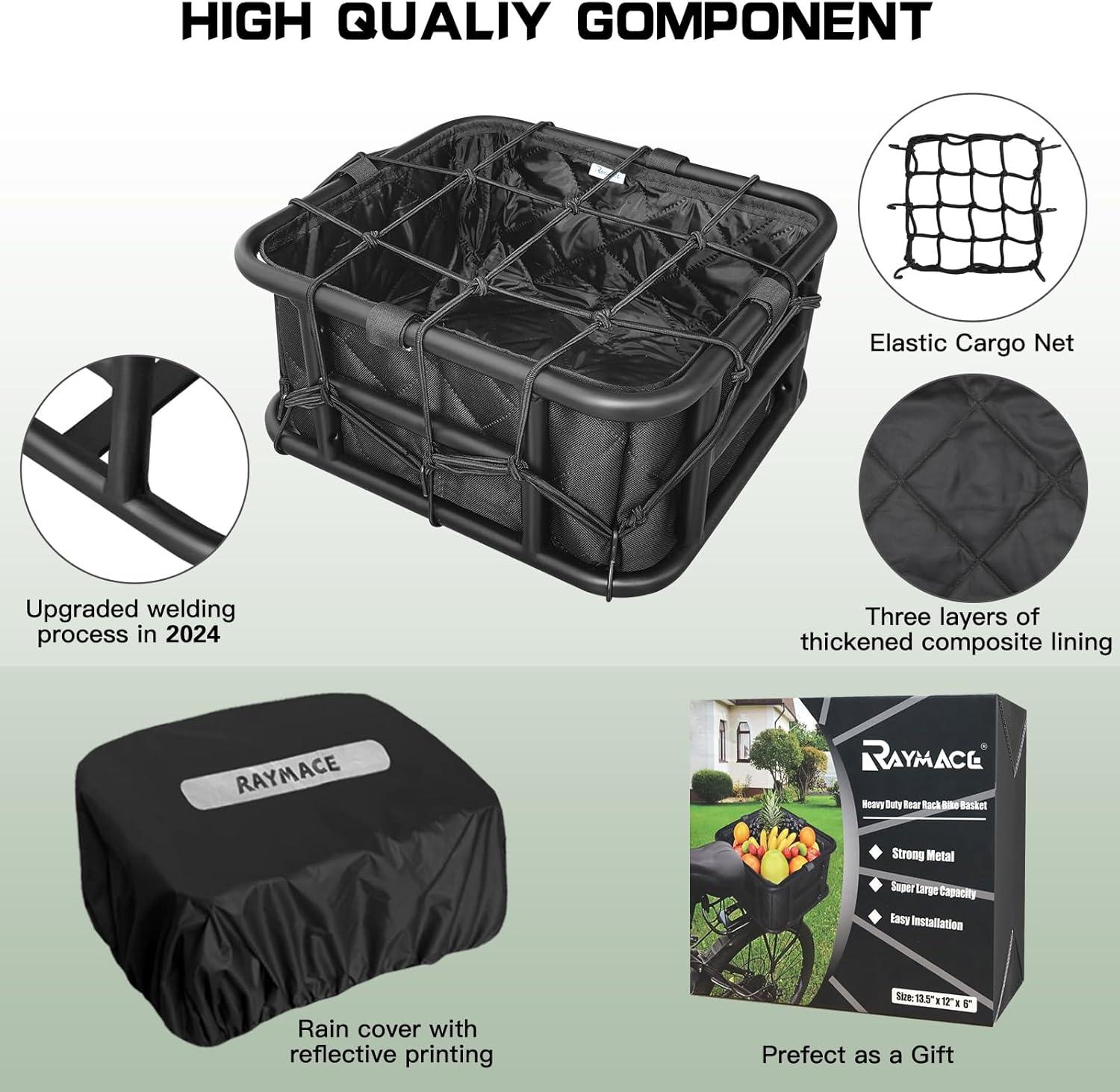RAYMACE Rear Rack Bike Basket with Cargo Net and Liner Large Bicycle Basket Perfect Mount for Electric Bike(13.5*12*6″)