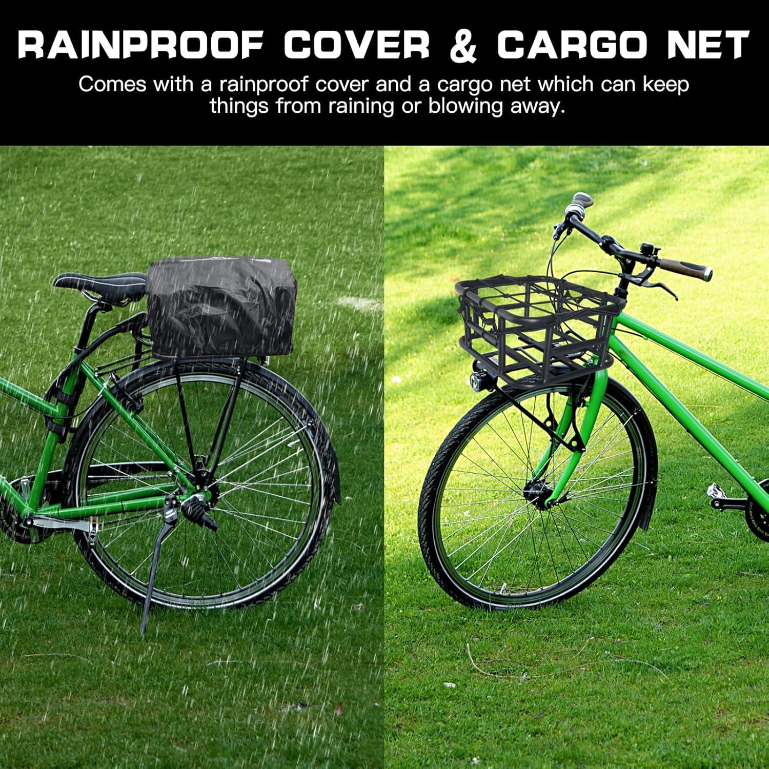 RAYMACE Rear Rack Bike Basket with Cargo Net and Liner Large Bicycle Basket Perfect Mount for Electric Bike(13.5*12*6″)