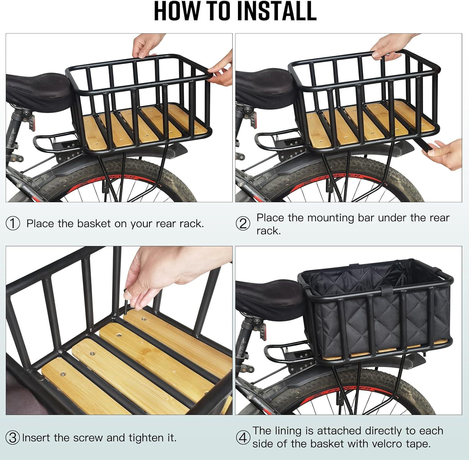 RAYMACE Bike Basket Rear, Bamboo Base Bicycle Basket with Rainproof Cover, Liner & Cargo Net, Large Capacity Rear Bike Rack Baskets Fits Most Bikes & E-Bike