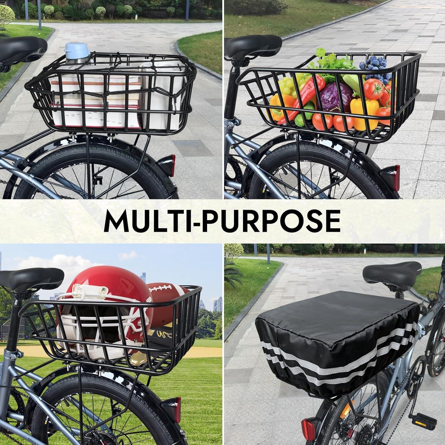 RAYMACE Bike Basket Rear with Cargo Net and High Reflectivity Waterproof Cover,Bicycle Baskets for Adult Bikes,Easy to Install and Large Capacity Bike Accessories