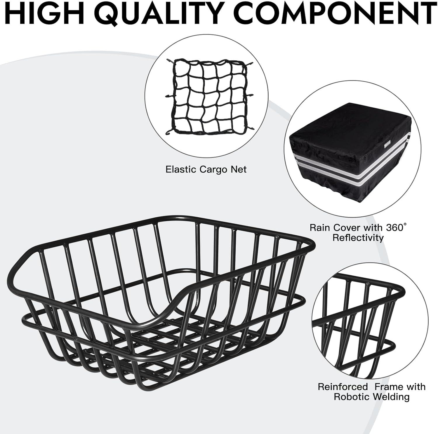 RAYMACE Bike Basket Rear with Cargo Net and High Reflectivity Waterproof Cover,Bicycle Baskets for Adult Bikes,Easy to Install and Large Capacity Bike Accessories