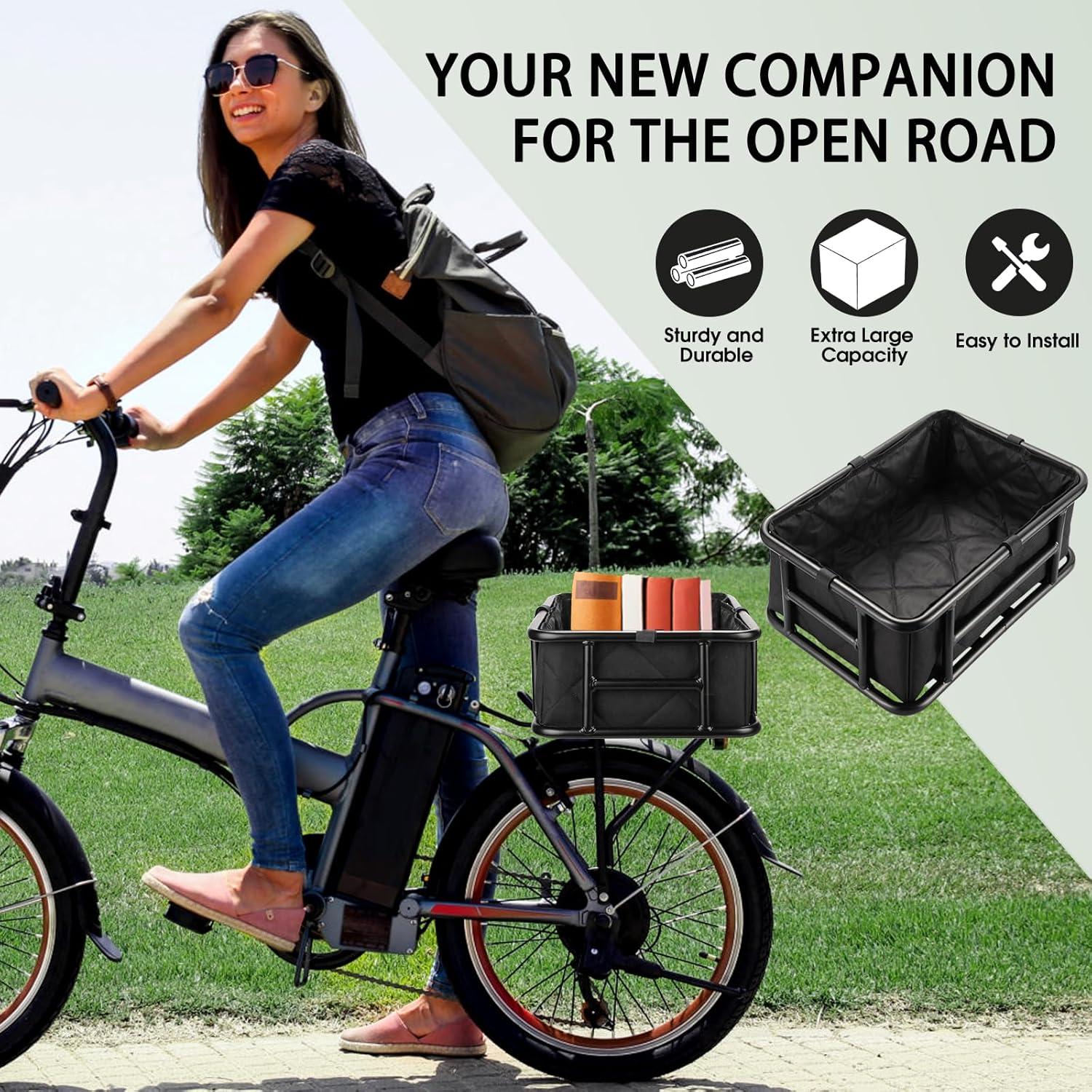 RAYMACE Rear Rack Bike Basket with Cargo Net and Liner Large Bicycle Basket Perfect Mount for Electric Bike(16.6*12.6*6.7″)