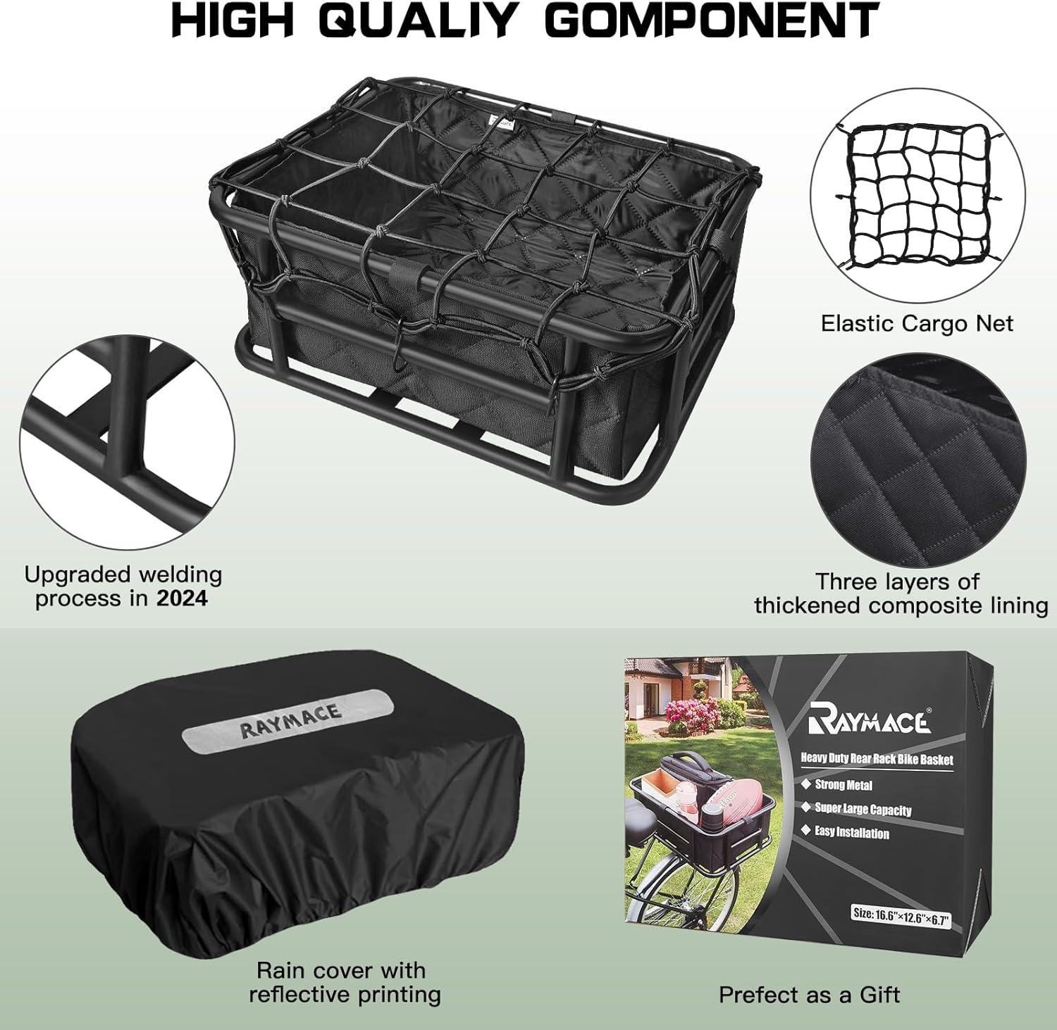 RAYMACE Rear Rack Bike Basket with Cargo Net and Liner Large Bicycle Basket Perfect Mount for Electric Bike(16.6*12.6*6.7″)