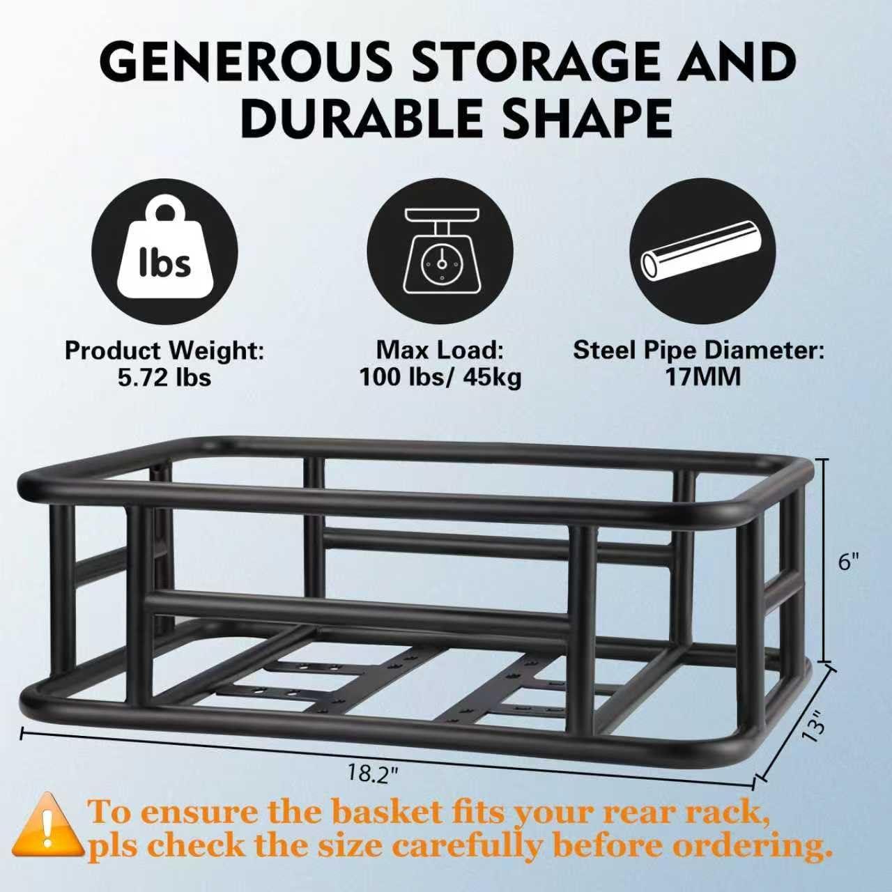 RAYMACE Rear Rack Bike Basket with Cargo Net and Liner Large Bicycle Basket Perfect Mount for Electric Bike(18.2*13*6)