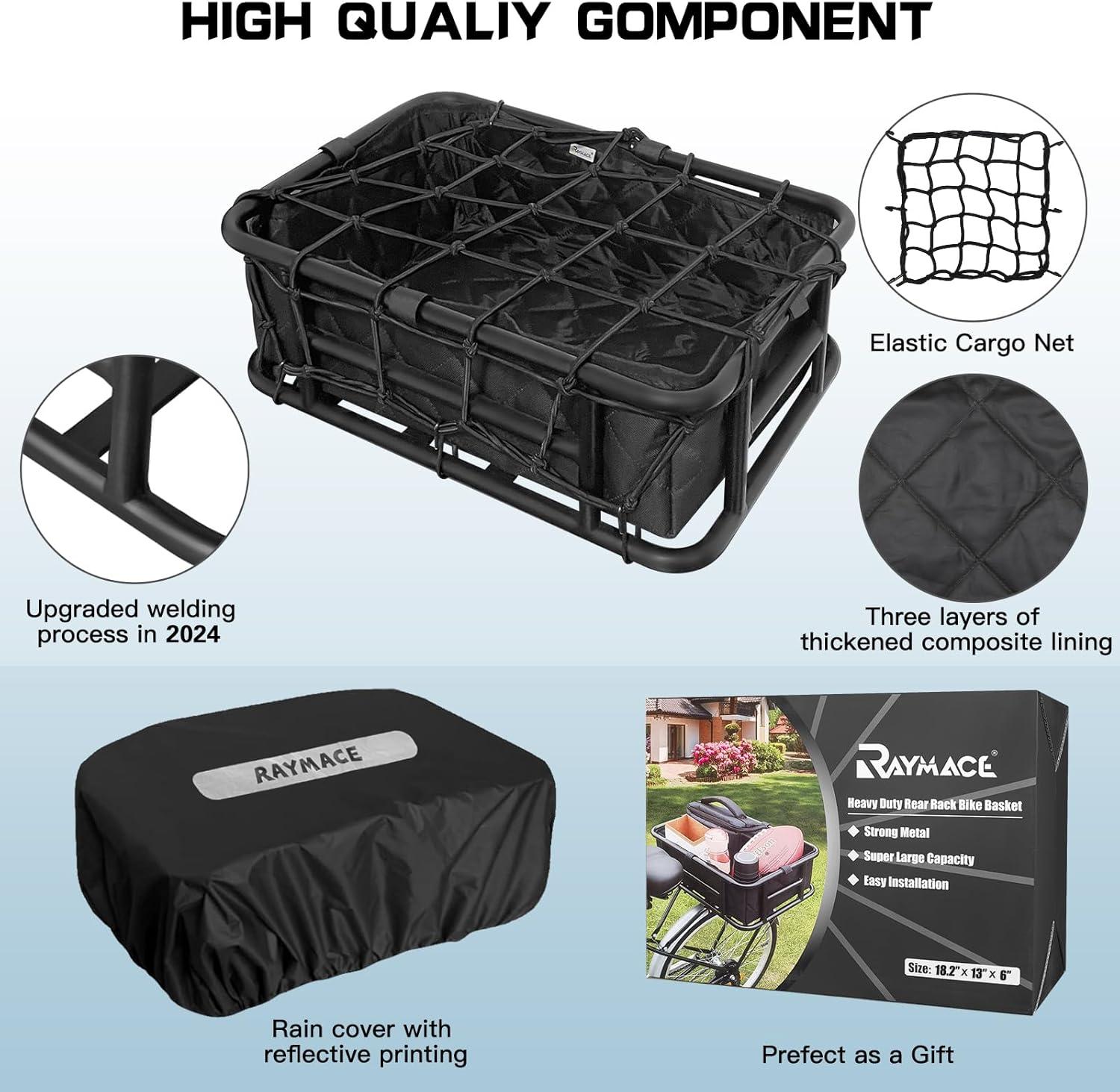 RAYMACE Rear Rack Bike Basket with Cargo Net and Liner Large Bicycle Basket Perfect Mount for Electric Bike(18.2*13*6)