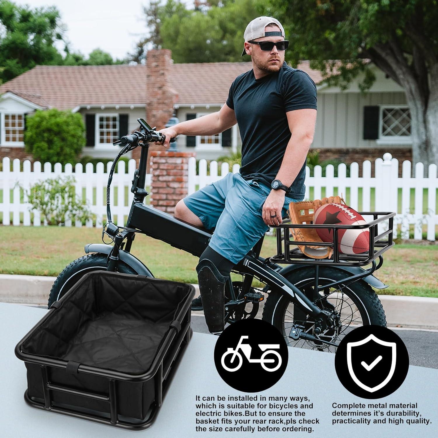 RAYMACE Rear Rack Bike Basket with Cargo Net and Liner Large Bicycle Basket Perfect Mount for Electric Bike(18.2*13*6)