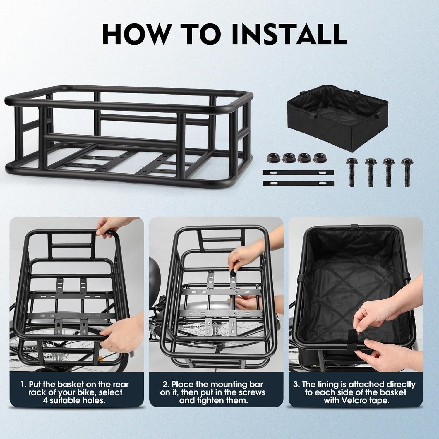 RAYMACE Rear Rack Bike Basket with Cargo Net and Liner Large Bicycle Basket Perfect Mount for Electric Bike(18.2*13*6)
