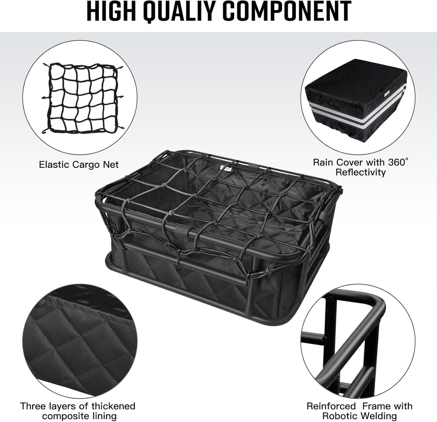 RAYMACE Bike Basket Rear Rack with Cargo Net, Liner and Waterproof Cover,Heavy Duty Bicycle Basket Perfect for Electric Bike