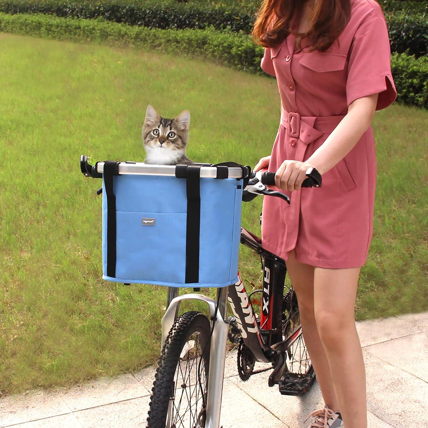 RAYMACE Bicycle Basket Dog Bike Handlebar Basket Front,Folding Detachable Quick Release Easy Install,Cycling Picnic Bag(Blue)