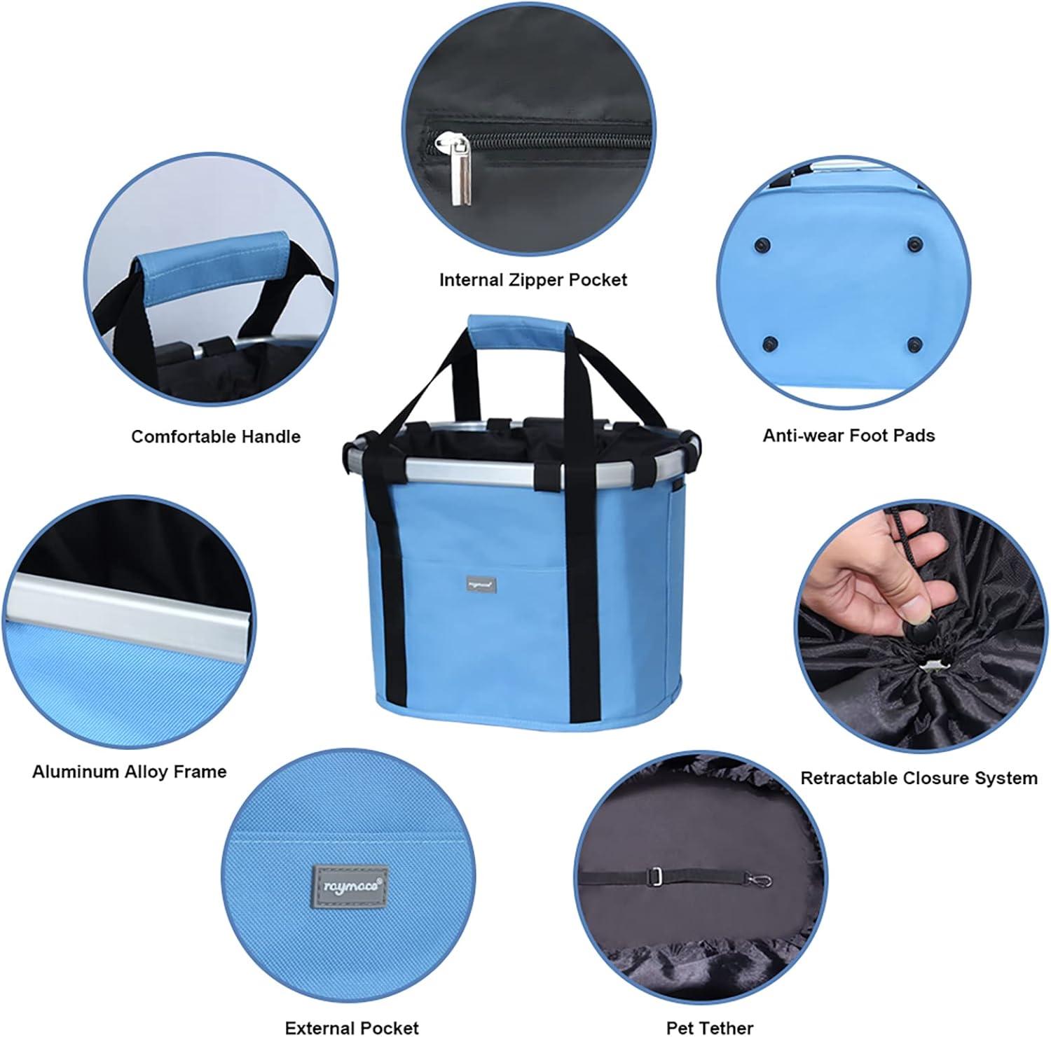 RAYMACE Bicycle Basket Dog Bike Handlebar Basket Front,Folding Detachable Quick Release Easy Install,Cycling Picnic Bag(Blue)
