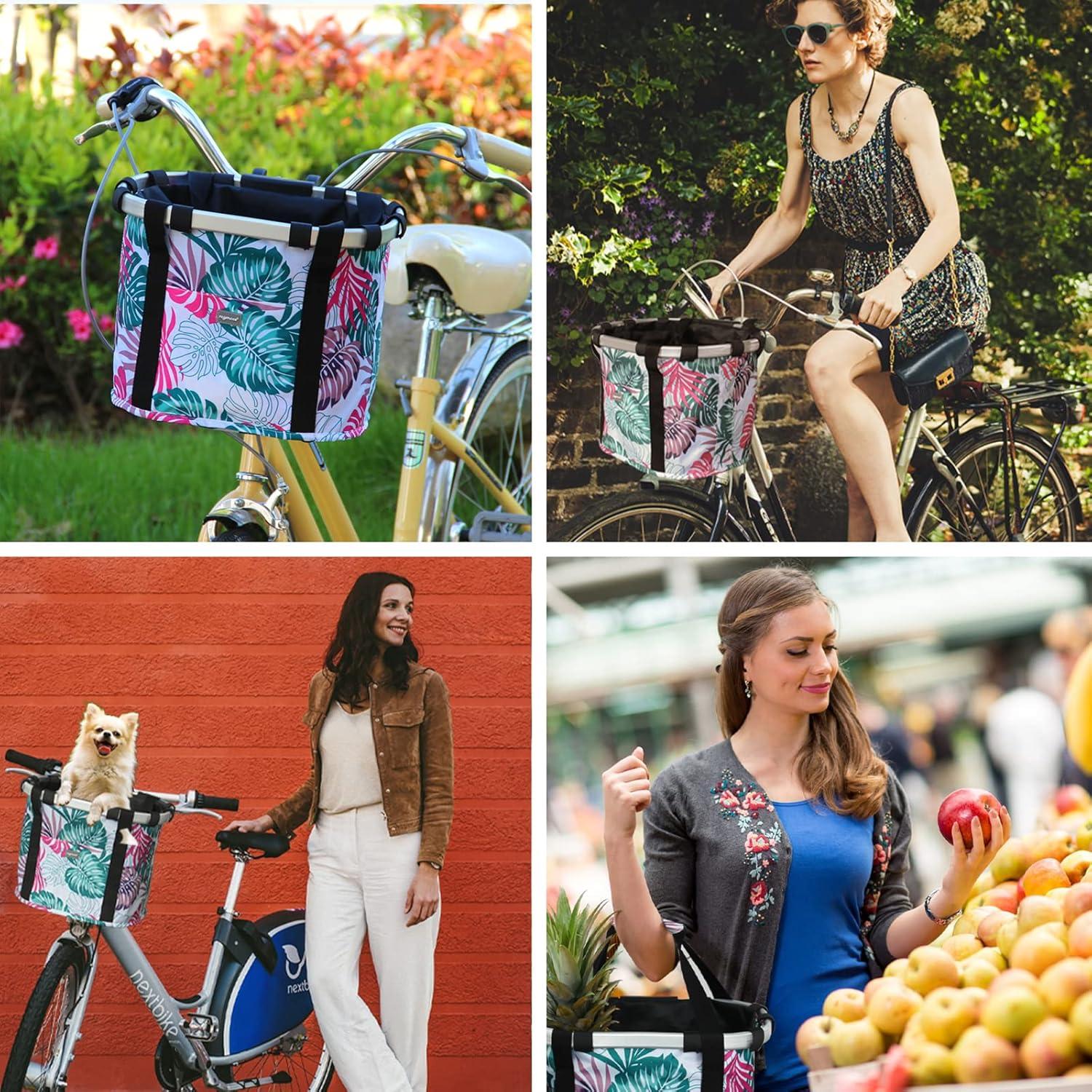 RAYMACE Bicycle Basket Dog Bike Handlebar Basket Front,Folding Detachable Quick Release Easy Install,Cycling Picnic Bag(Pink Palm Leaf)