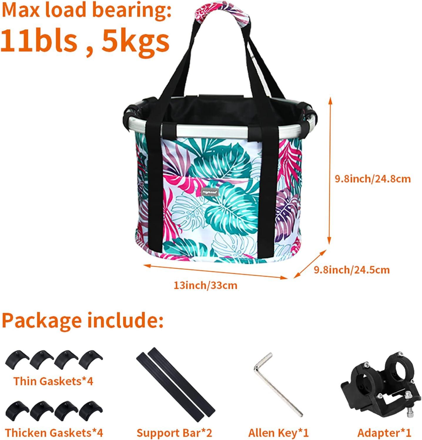 RAYMACE Bicycle Basket Dog Bike Handlebar Basket Front,Folding Detachable Quick Release Easy Install,Cycling Picnic Bag(Pink Palm Leaf)