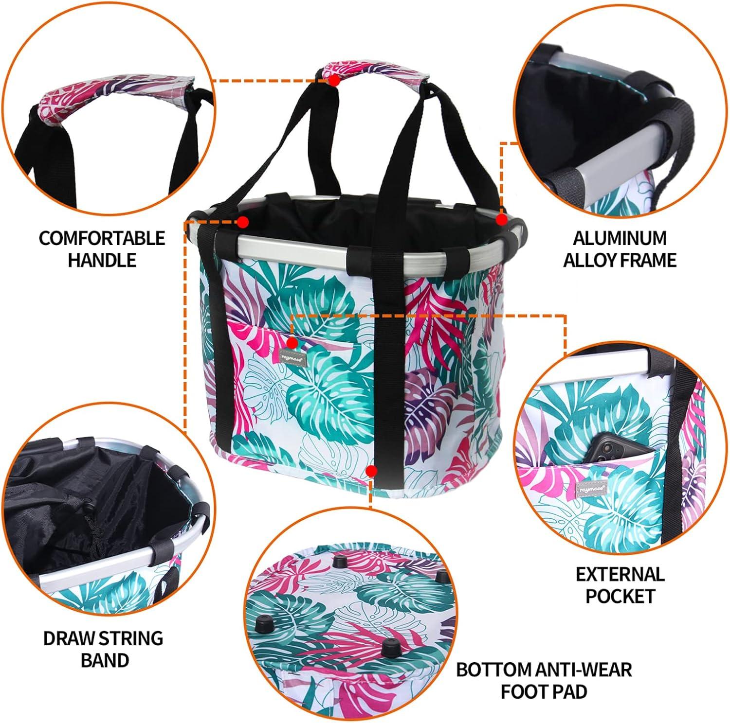 RAYMACE Bicycle Basket Dog Bike Handlebar Basket Front,Folding Detachable Quick Release Easy Install,Cycling Picnic Bag(Pink Palm Leaf)