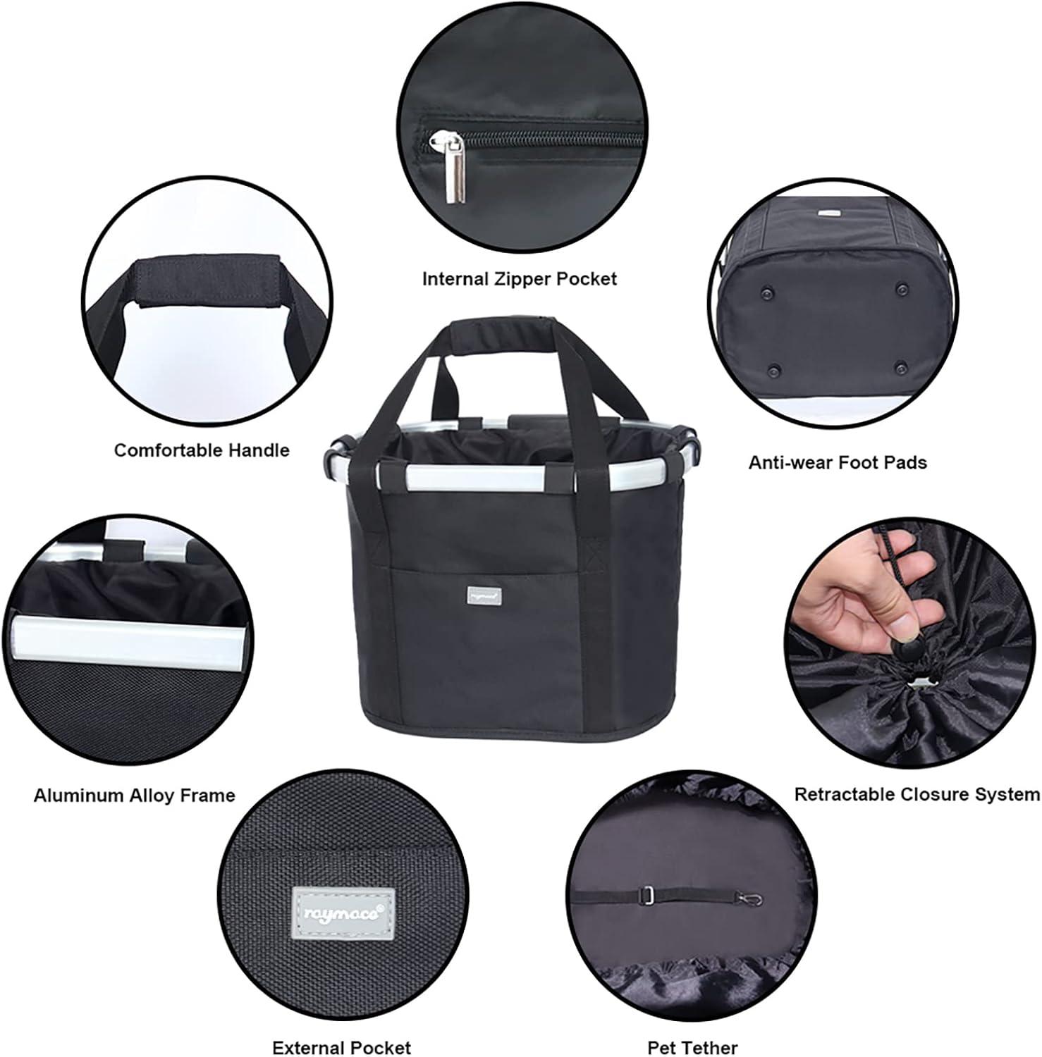 RAYMACE Bicycle Basket Dog Bike Handlebar Basket Front,Folding Detachable Quick Release Easy Install,Cycling Picnic Bag(Black)