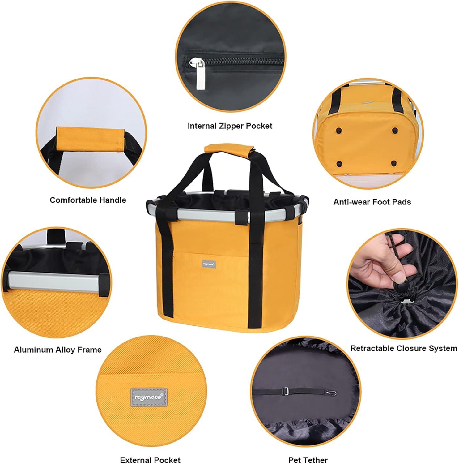 RAYMACE Bicycle Basket Dog Bike Handlebar Basket Front,Folding Detachable Quick Release Easy Install,Cycling Picnic Bag(Sun Orange)
