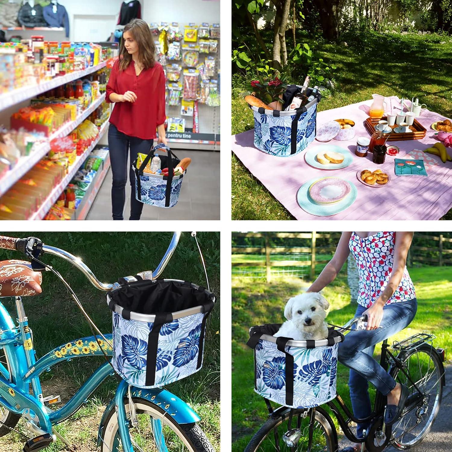 RAYMACE Bicycle Basket Dog Bike Handlebar Basket Front,Folding Detachable Quick Release Easy Install,Cycling Picnic Bag(Blue Palm Leaf)
