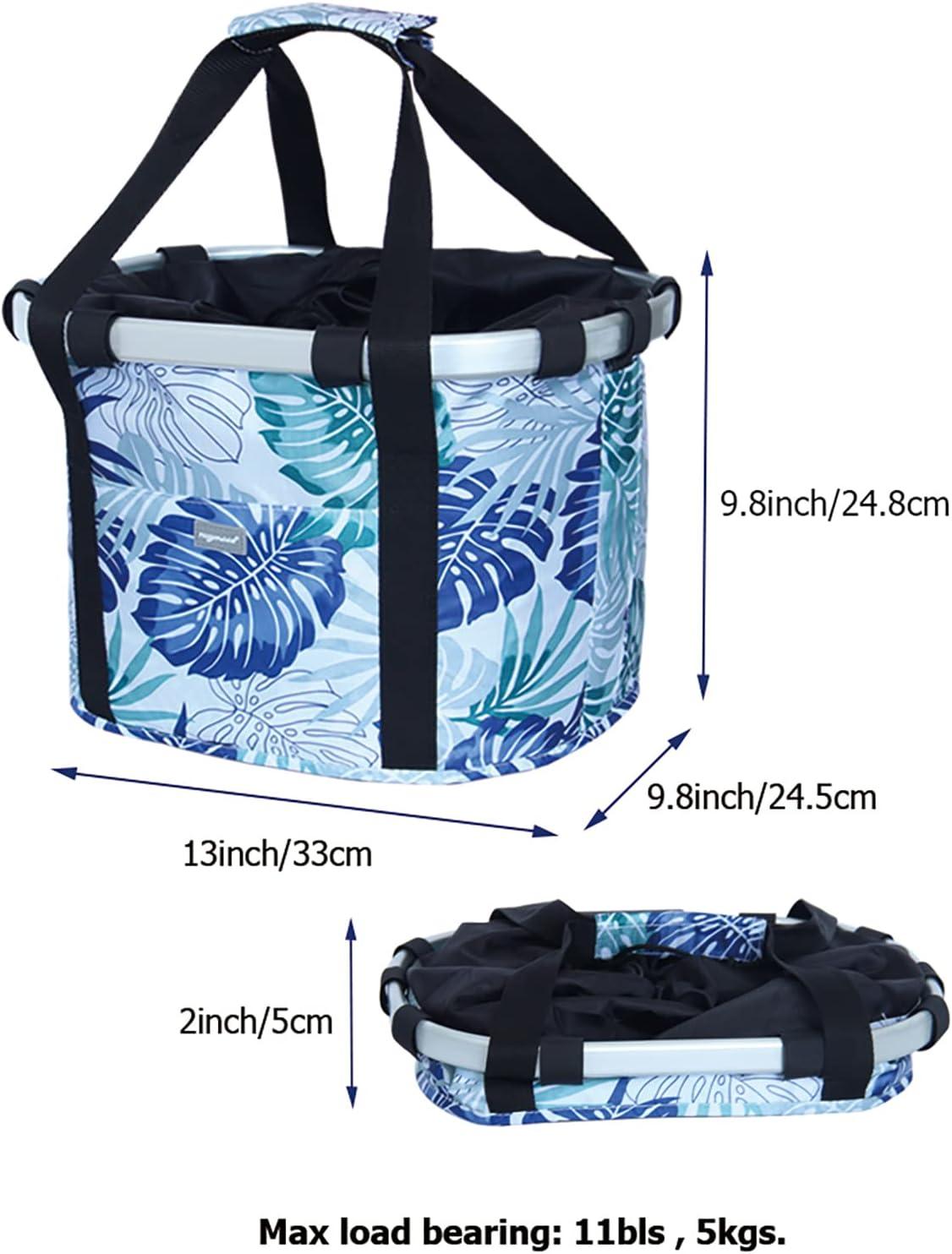 RAYMACE Bicycle Basket Dog Bike Handlebar Basket Front,Folding Detachable Quick Release Easy Install,Cycling Picnic Bag(Blue Palm Leaf)