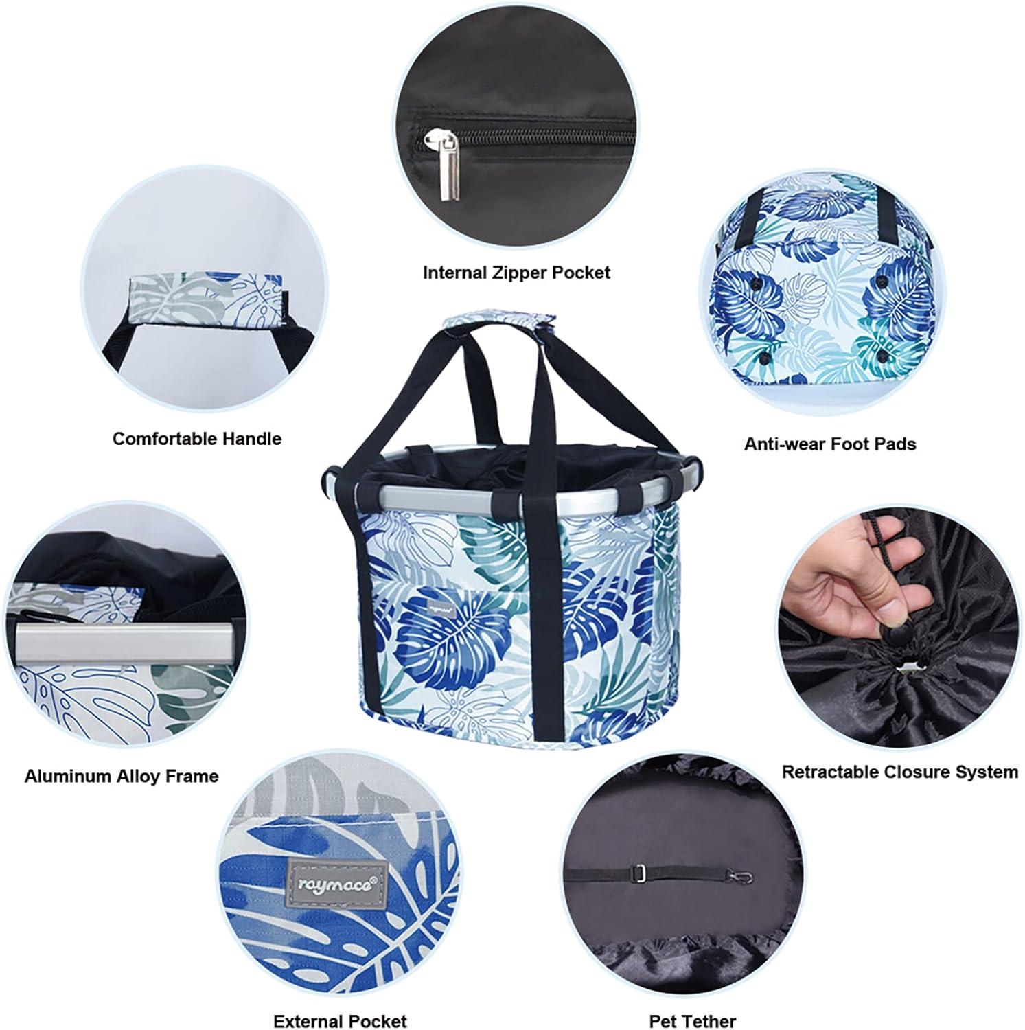 RAYMACE Bicycle Basket Dog Bike Handlebar Basket Front,Folding Detachable Quick Release Easy Install,Cycling Picnic Bag(Blue Palm Leaf)