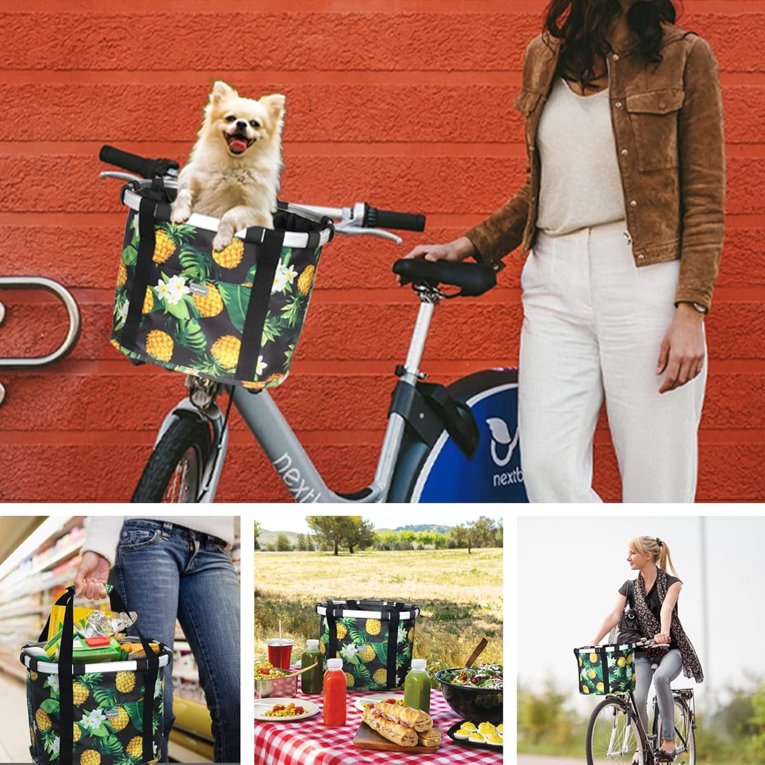 RAYMACE Bicycle Basket Dog Bike Handlebar Basket Front,Folding Detachable Quick Release Easy Install,Cycling Picnic Bag(Ananas)