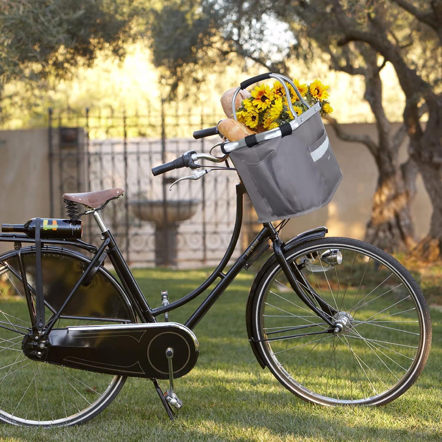 RAYMACE Bicycle Basket Dog Bike Handlebar Basket Front,Folding Detachable Quick Release Easy Install,Cycling Picnic Bag(Grey)