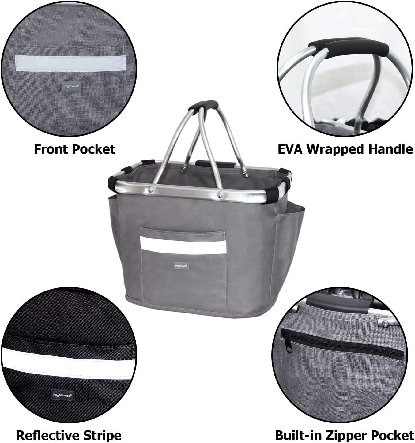 RAYMACE Bicycle Basket Dog Bike Handlebar Basket Front,Folding Detachable Quick Release Easy Install,Cycling Picnic Bag(Grey)