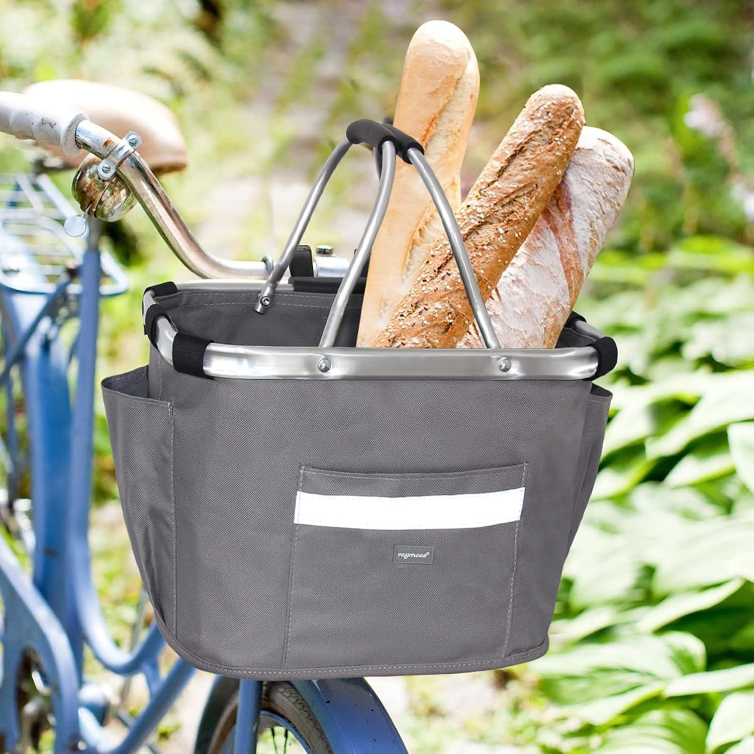 RAYMACE Bicycle Basket Dog Bike Handlebar Basket Front,Folding Detachable Quick Release Easy Install,Cycling Picnic Bag(Grey)