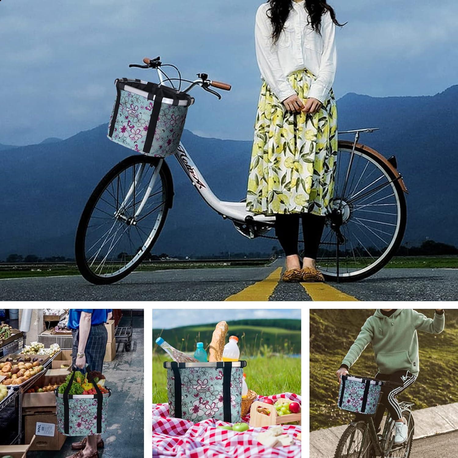 RAYMACE Bicycle Basket Dog Bike Handlebar Basket Front,Folding Detachable Quick Release Easy Install,Cycling Picnic Bag(Floral)