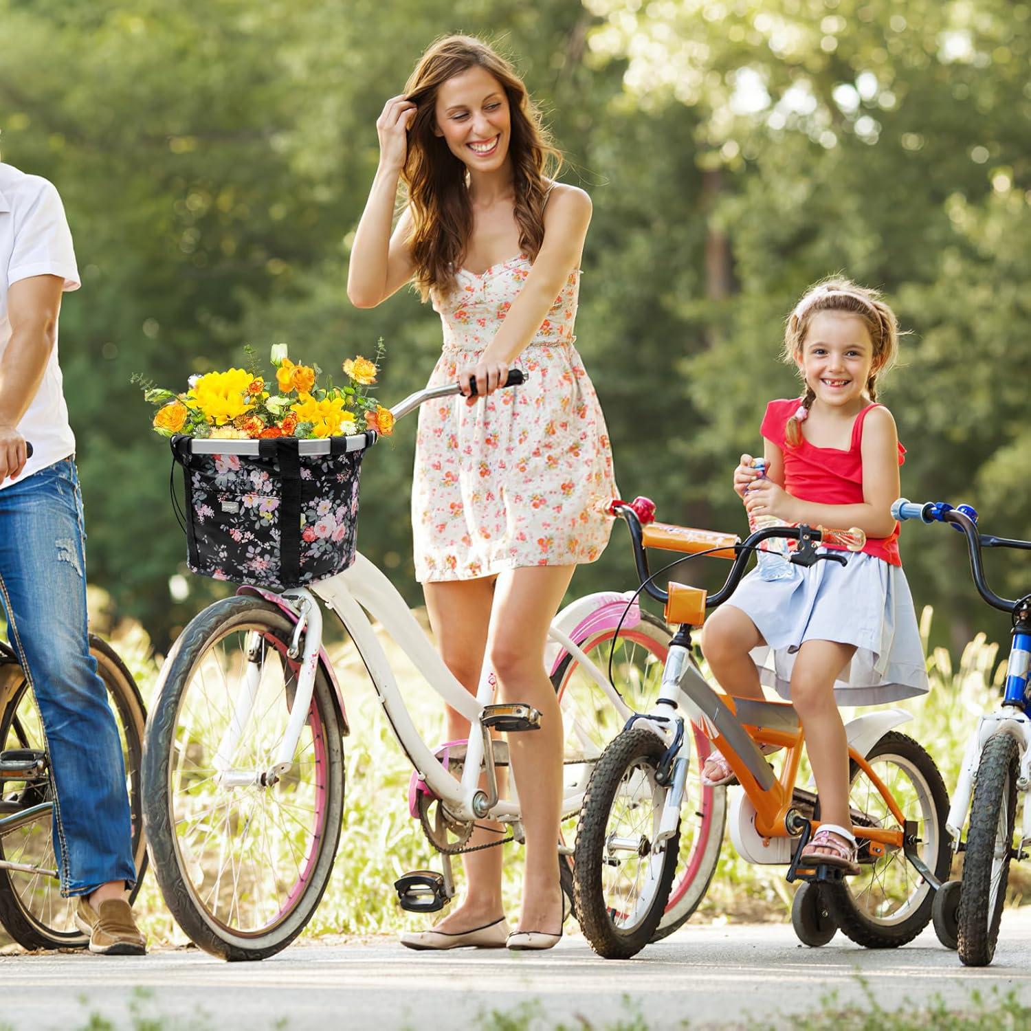 RAYMACE Bicycle Basket Dog Bike Handlebar Basket Front,Folding Detachable Quick Release Easy Install,Cycling Picnic Bag(Pink Flower)