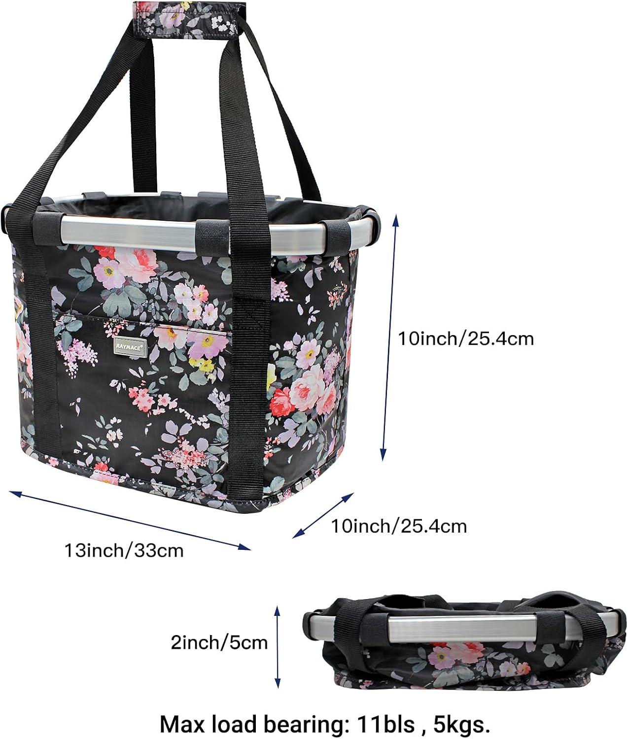 RAYMACE Bicycle Basket Dog Bike Handlebar Basket Front,Folding Detachable Quick Release Easy Install,Cycling Picnic Bag(Pink Flower)