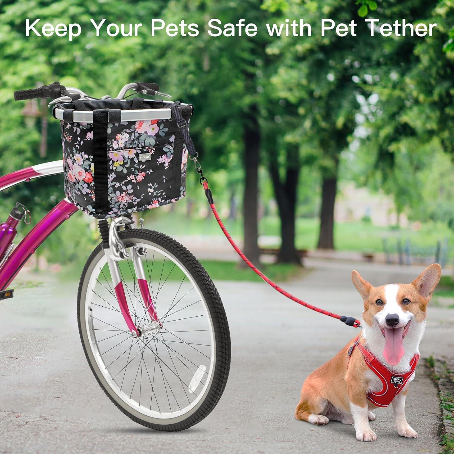 RAYMACE Bicycle Basket Dog Bike Handlebar Basket Front,Folding Detachable Quick Release Easy Install,Cycling Picnic Bag(Pink Flower)