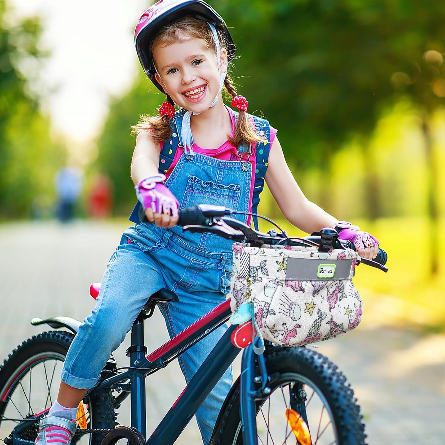 RAYMACE Kids Bike Basket,Children’s Bike Basket Front,Waterproof Bicycle Basket Handlebar Bag for Girls,Boys Toddlers Bike or Scooter Accessories(Mermaid Princess)