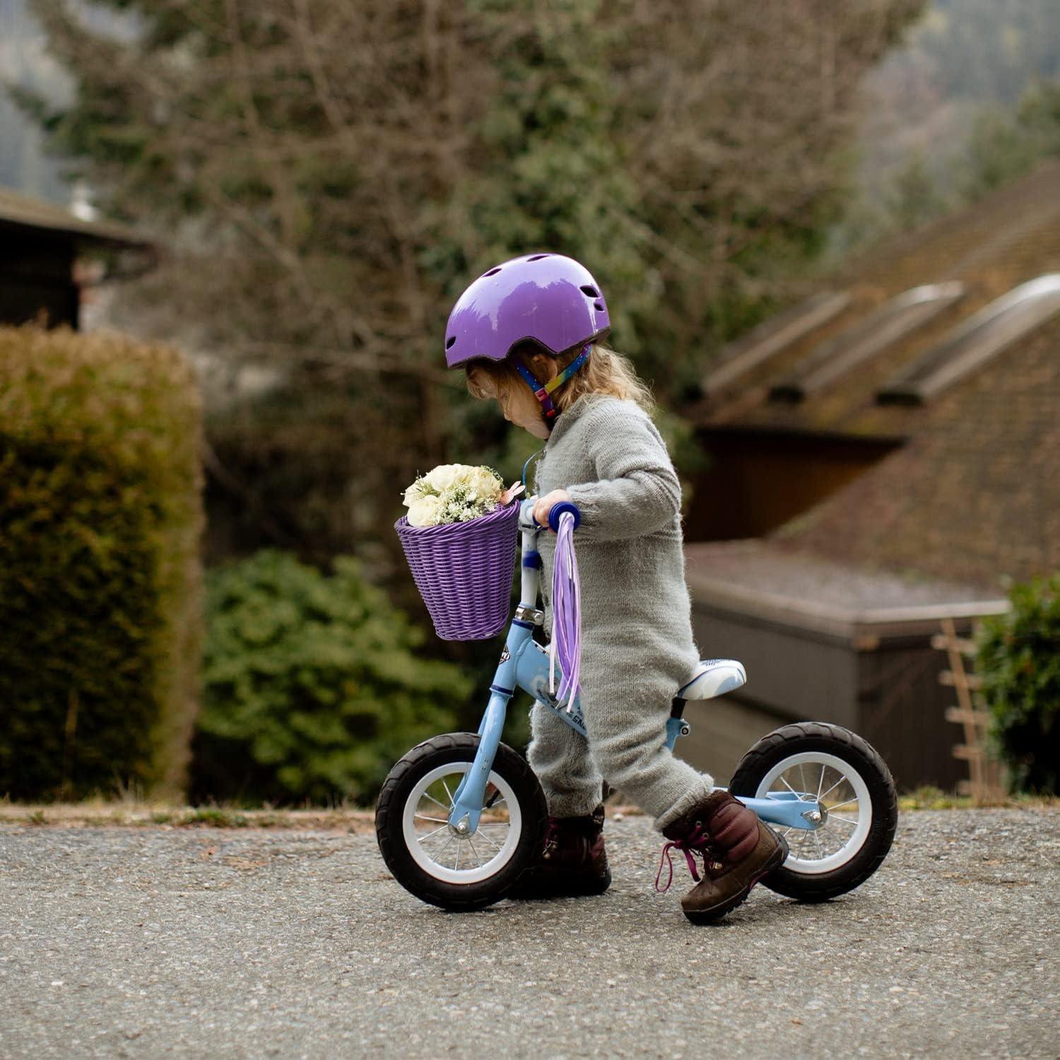 RAYMACE Kids Bike Basket Streamers Bell Set, Children’s Bicycle Handlebar Basket with 4pcs Girl Hair Clips, Cute Accessories Kit for Kids’ Bike, Scooter(Purple)