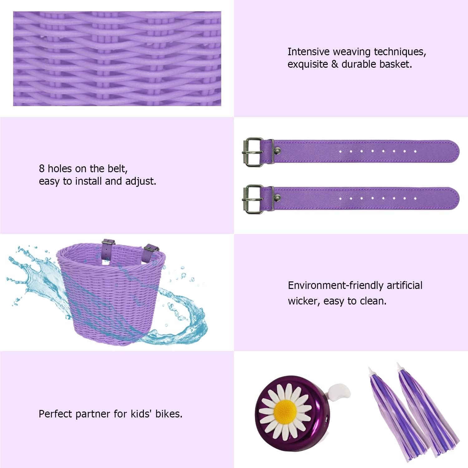 RAYMACE Kids Bike Basket Streamers Bell Set, Children’s Bicycle Handlebar Basket with 4pcs Girl Hair Clips, Cute Accessories Kit for Kids’ Bike, Scooter(Purple)