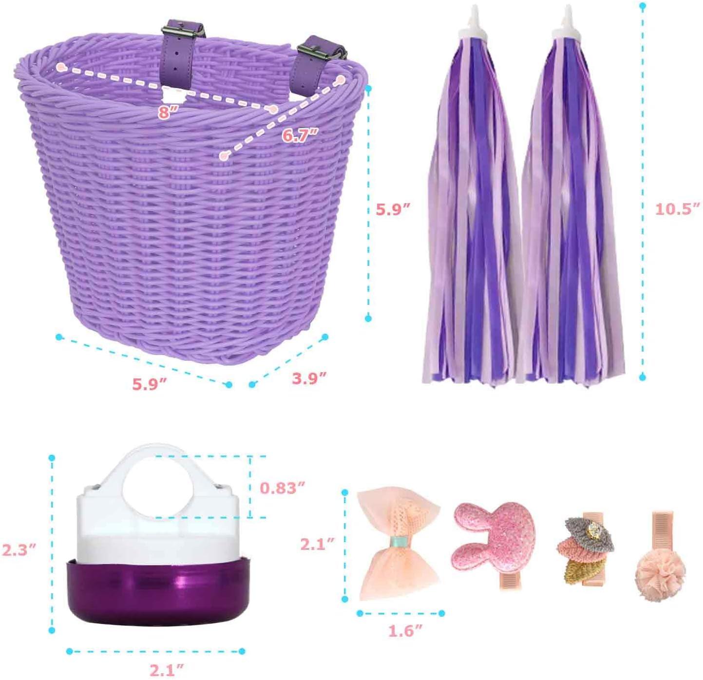 RAYMACE Kids Bike Basket Streamers Bell Set, Children’s Bicycle Handlebar Basket with 4pcs Girl Hair Clips, Cute Accessories Kit for Kids’ Bike, Scooter(Purple)
