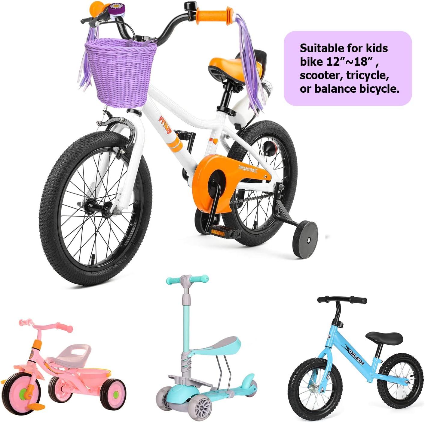 RAYMACE Kids Bike Basket Streamers Bell Set, Children’s Bicycle Handlebar Basket with 4pcs Girl Hair Clips, Cute Accessories Kit for Kids’ Bike, Scooter(Purple)