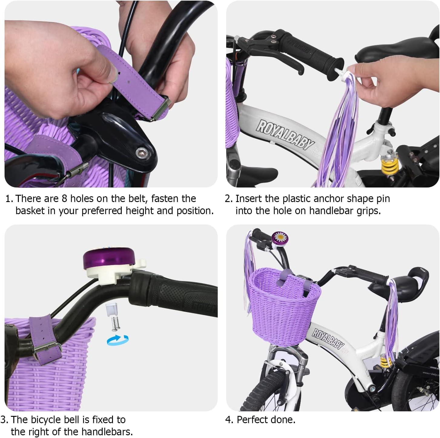 RAYMACE Kids Bike Basket Streamers Bell Set, Children’s Bicycle Handlebar Basket with 4pcs Girl Hair Clips, Cute Accessories Kit for Kids’ Bike, Scooter(Purple)