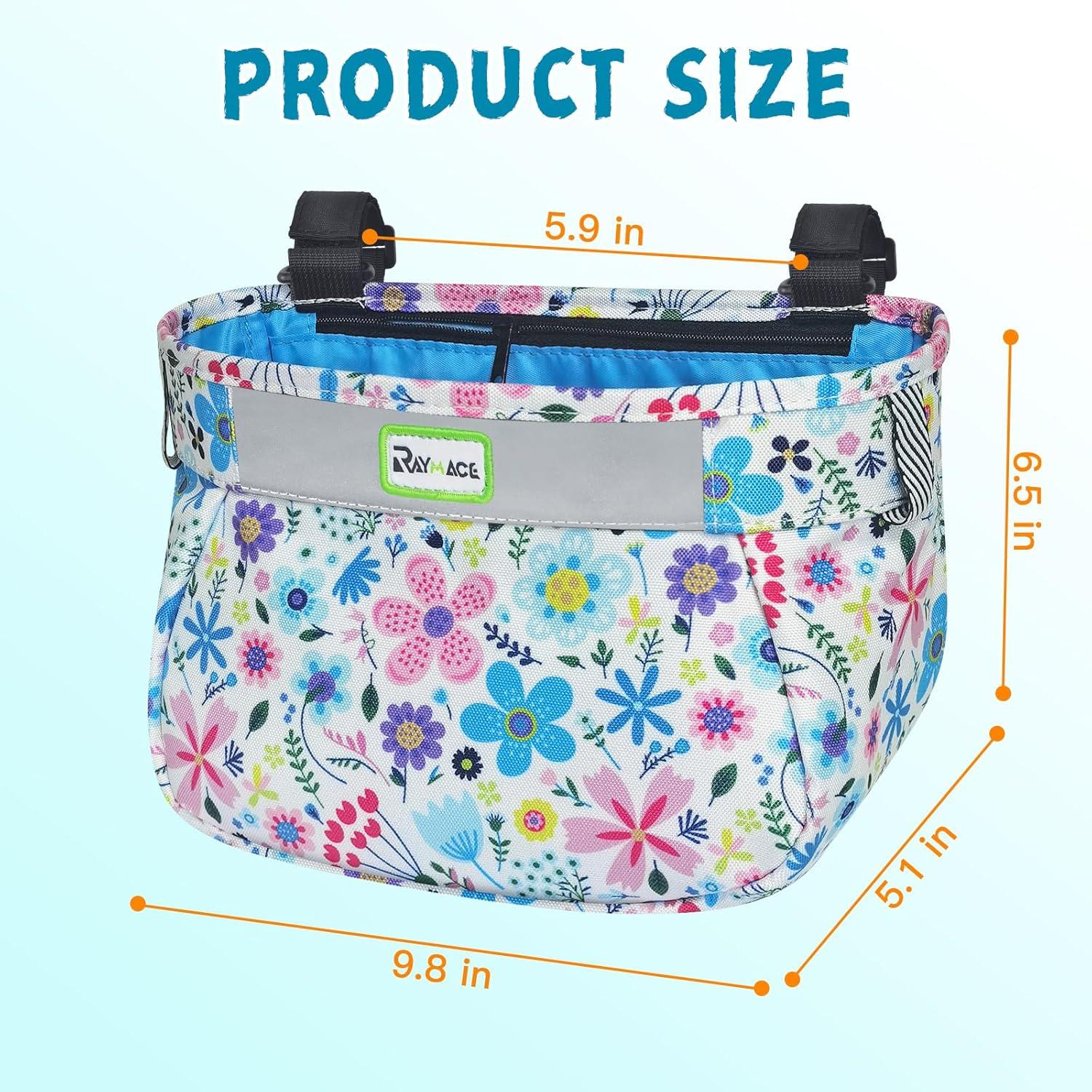 RAYMACE Kids Bike Basket,Front Bike Bag,Waterproof Handlebar Bicycle Basket for Girls Boys, Toddlers Bike or Scooter Accessories(blue flower)