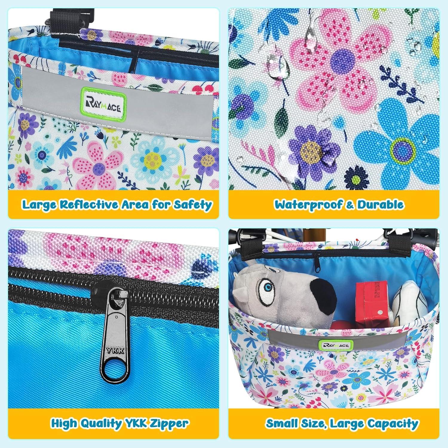 RAYMACE Kids Bike Basket,Front Bike Bag,Waterproof Handlebar Bicycle Basket for Girls Boys, Toddlers Bike or Scooter Accessories(blue flower)