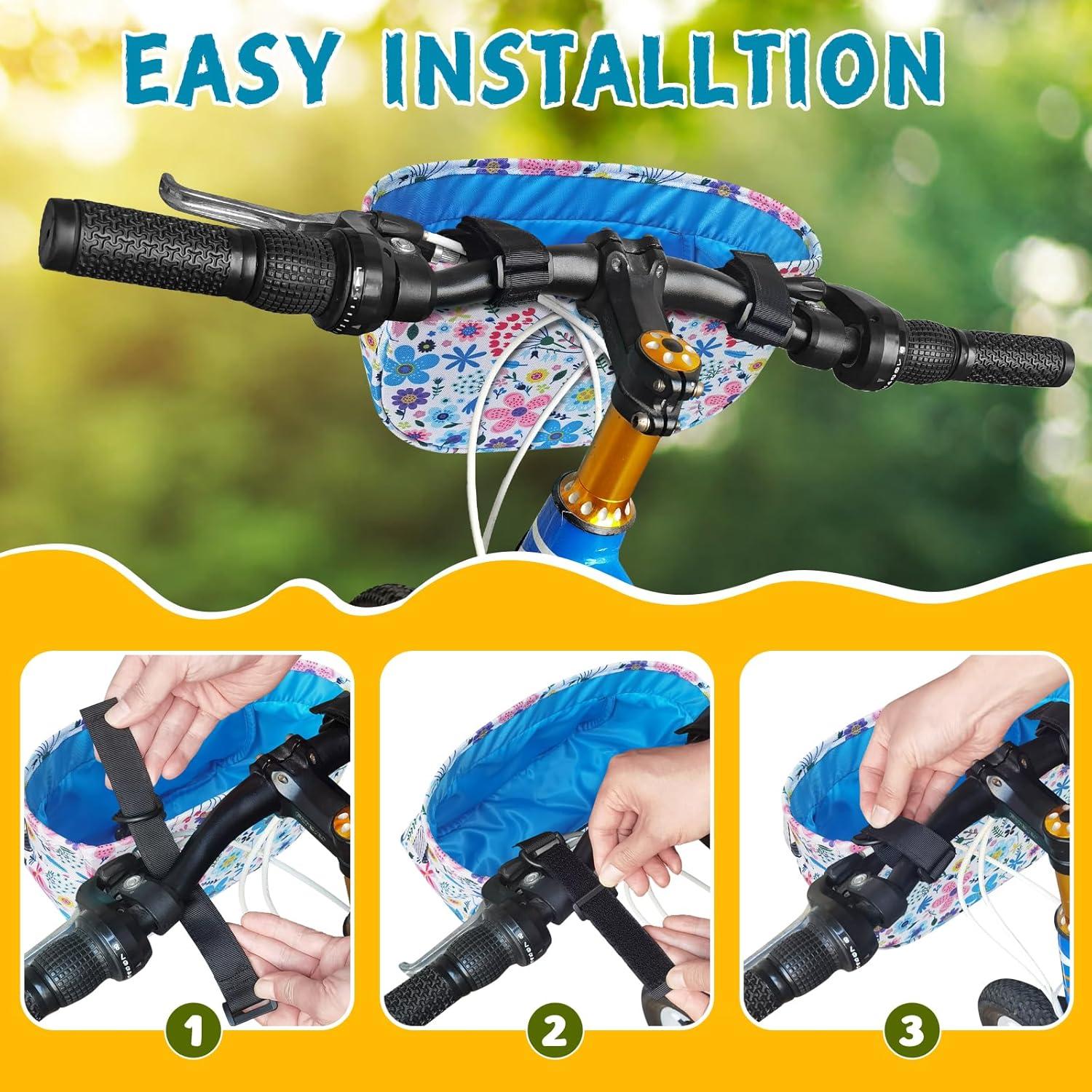 RAYMACE Kids Bike Basket,Front Bike Bag,Waterproof Handlebar Bicycle Basket for Girls Boys, Toddlers Bike or Scooter Accessories(blue flower)