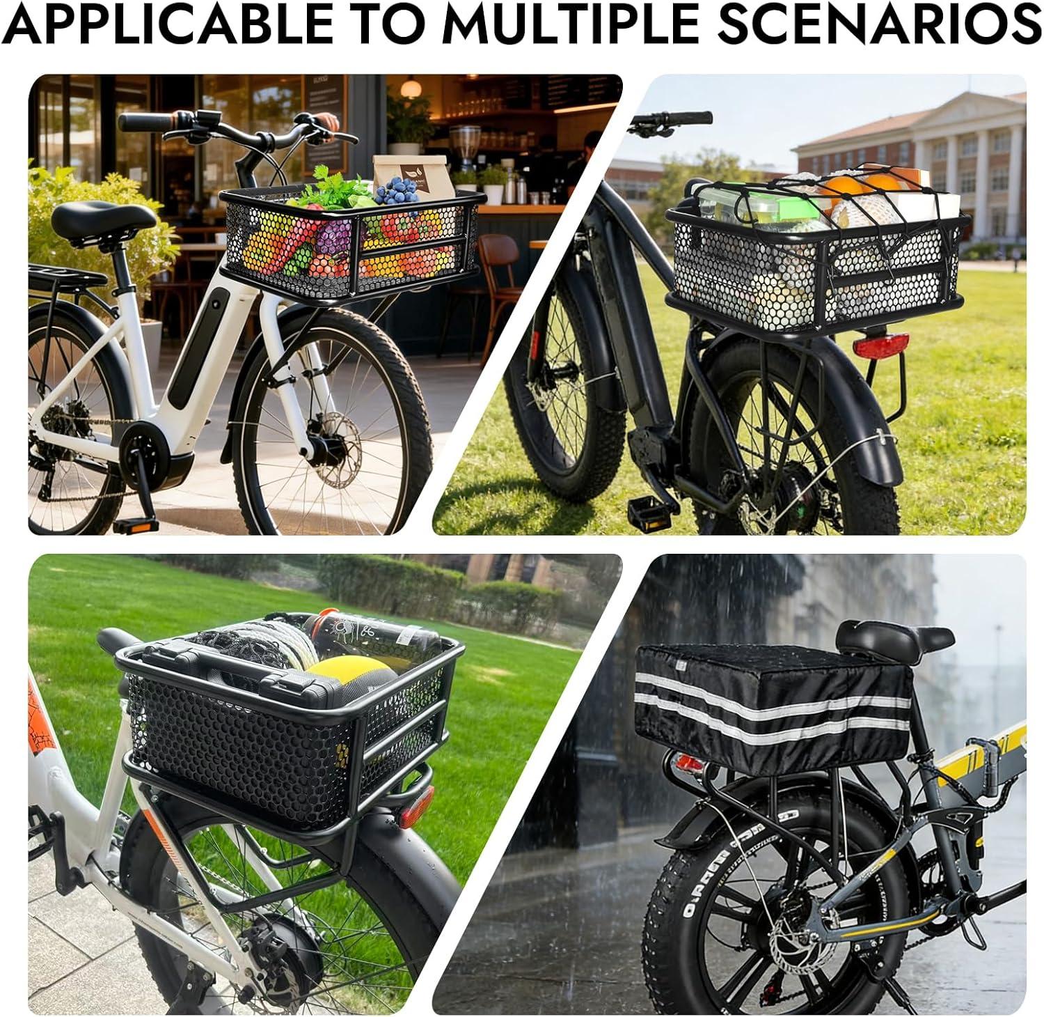 RAYMACE Bike Basket Rear with Reflective Waterproof Cover and Cargo Net, Perforated Design Large Bicycle Basket Fits for Electric Bike, Mounted Rear or Front Rack-Patent Pending
