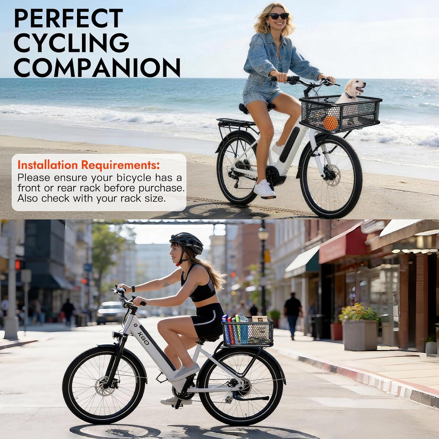 RAYMACE Bike Basket Rear with Reflective Waterproof Cover and Cargo Net, Perforated Design Large Bicycle Basket Fits for Electric Bike, Mounted Rear or Front Rack-Patent Pending