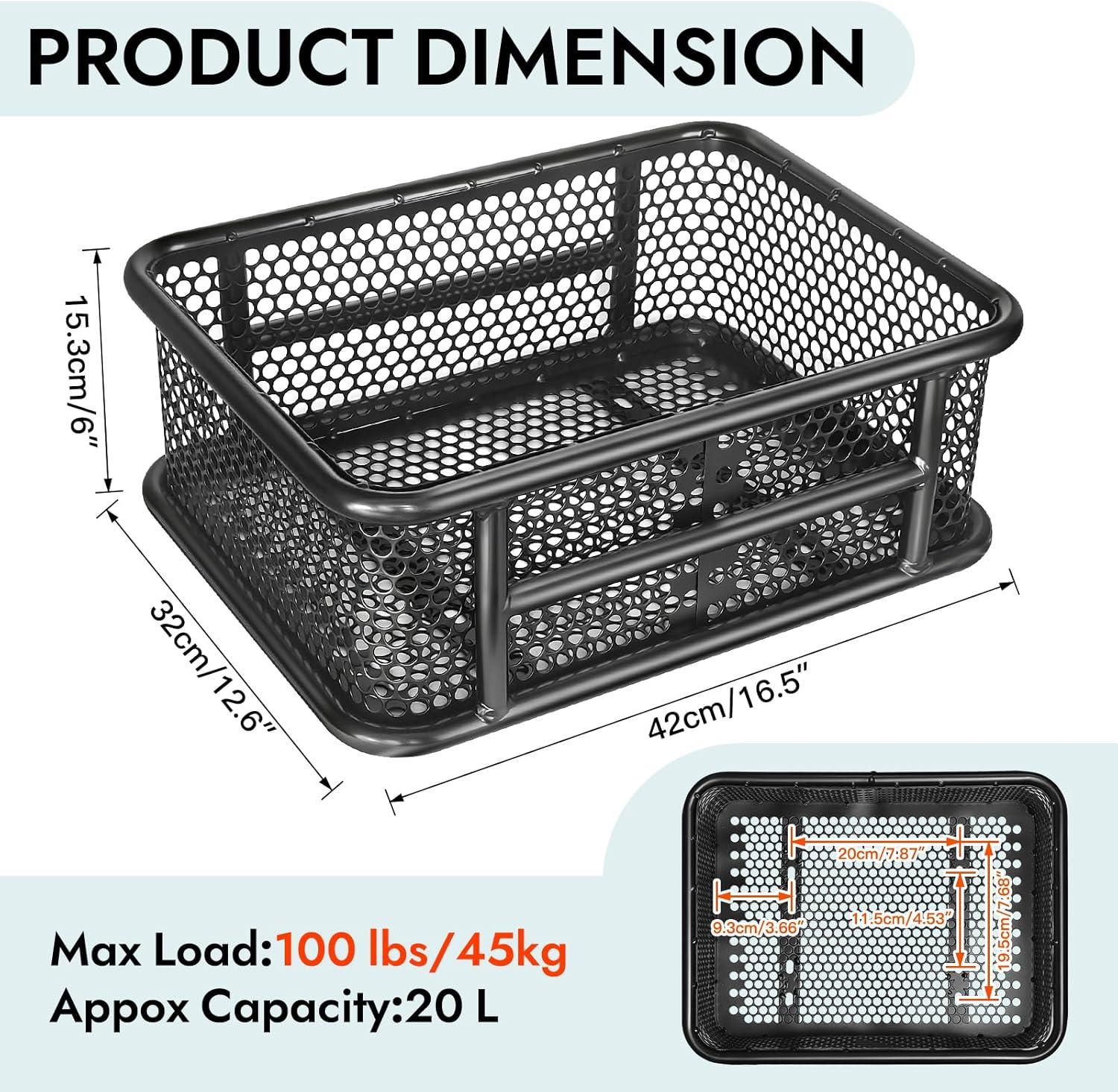 RAYMACE Bike Basket Rear with Reflective Waterproof Cover and Cargo Net, Perforated Design Large Bicycle Basket Fits for Electric Bike, Mounted Rear or Front Rack-Patent Pending