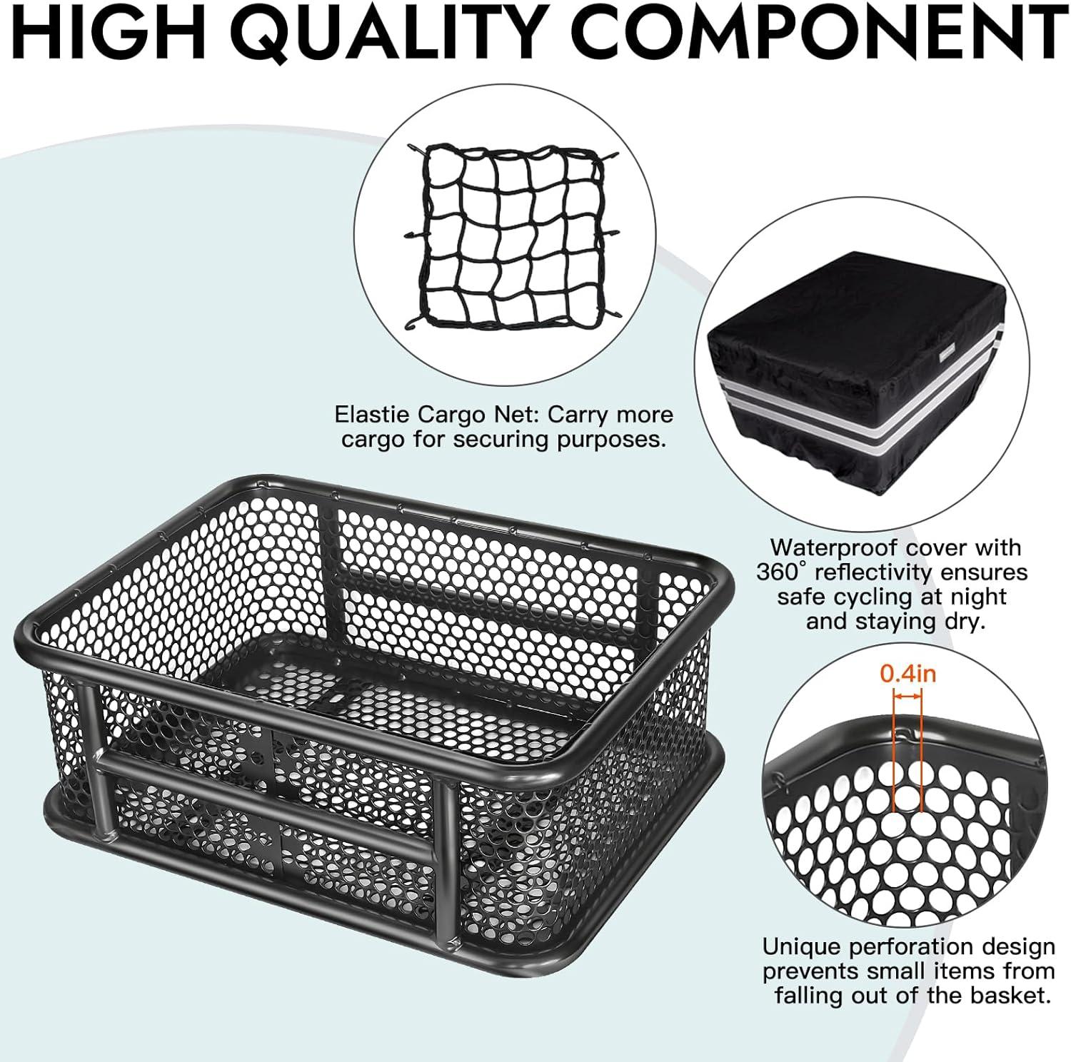 RAYMACE Bike Basket Rear with Reflective Waterproof Cover and Cargo Net, Perforated Design Large Bicycle Basket Fits for Electric Bike, Mounted Rear or Front Rack-Patent Pending