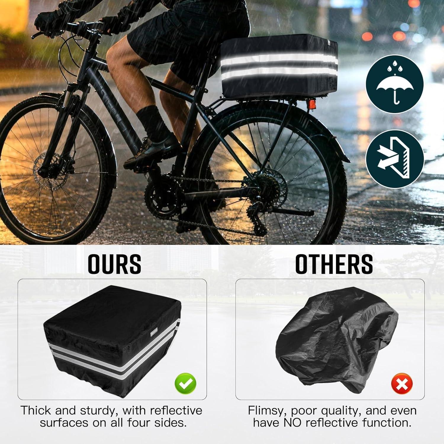 RAYMACE Bike Basket Rear with Reflective Waterproof Cover and Cargo Net, Perforated Design Large Bicycle Basket Fits for Electric Bike, Mounted Rear or Front Rack-Patent Pending